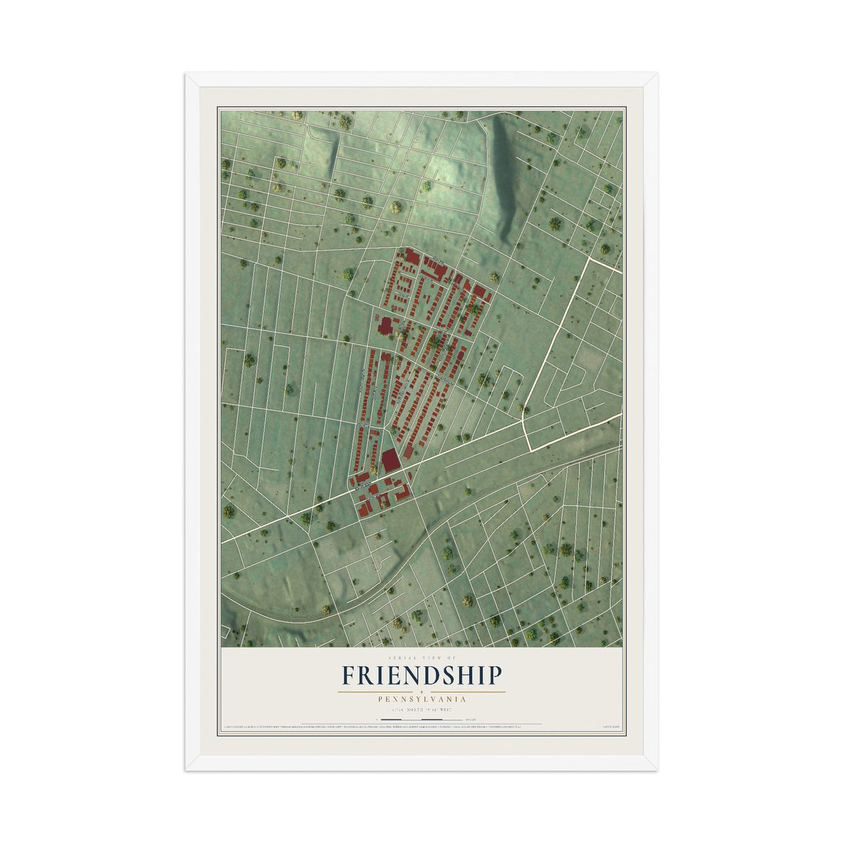 Map of Friendship, Pennsylvania, 12 x 18 inch print in a white wood frame