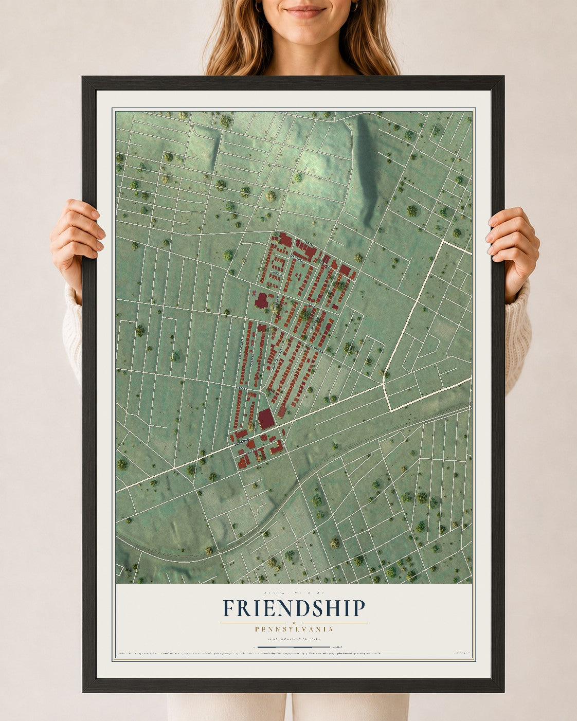 Map of Friendship, Pennsylvania, 24 x 36 inch print in a black wood frame