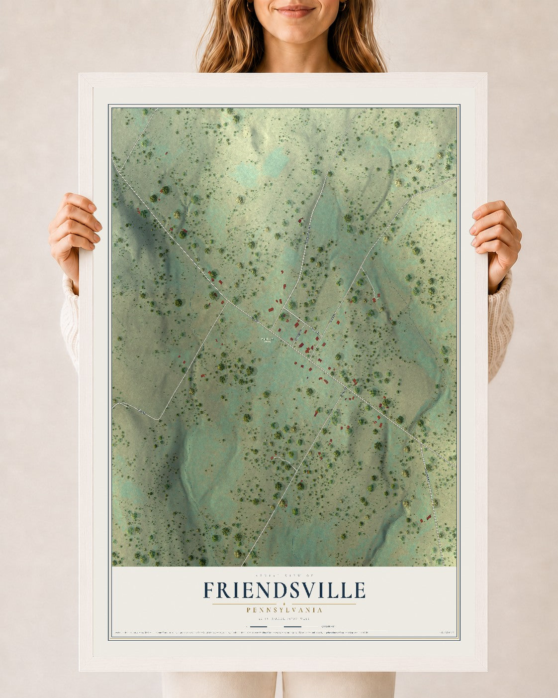 Map of Friendsville, Pennsylvania, 24 x 36 inch print in a white wood frame