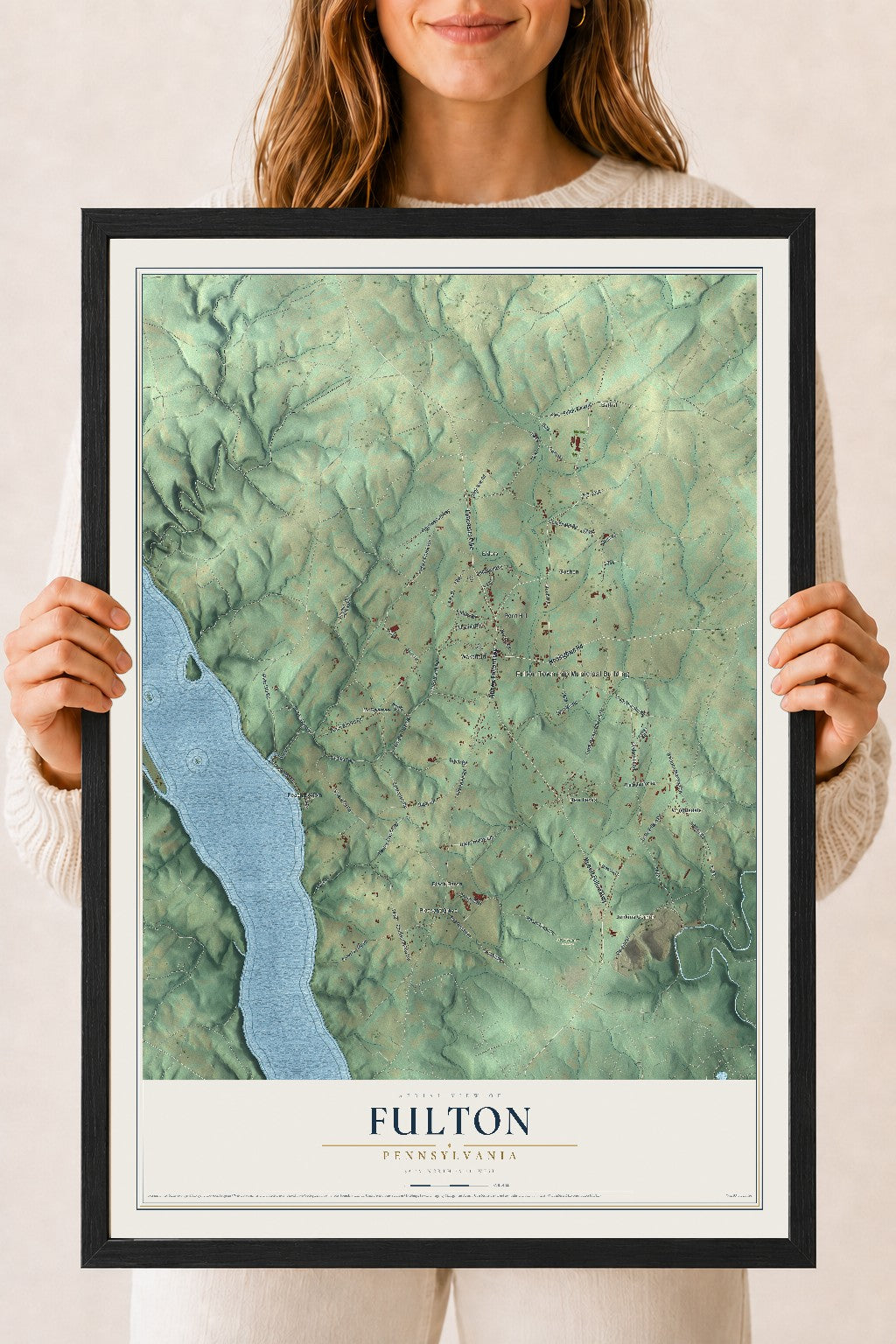 Map of Fulton, Pennsylvania, 18 x 24 inch print in a black wood frame