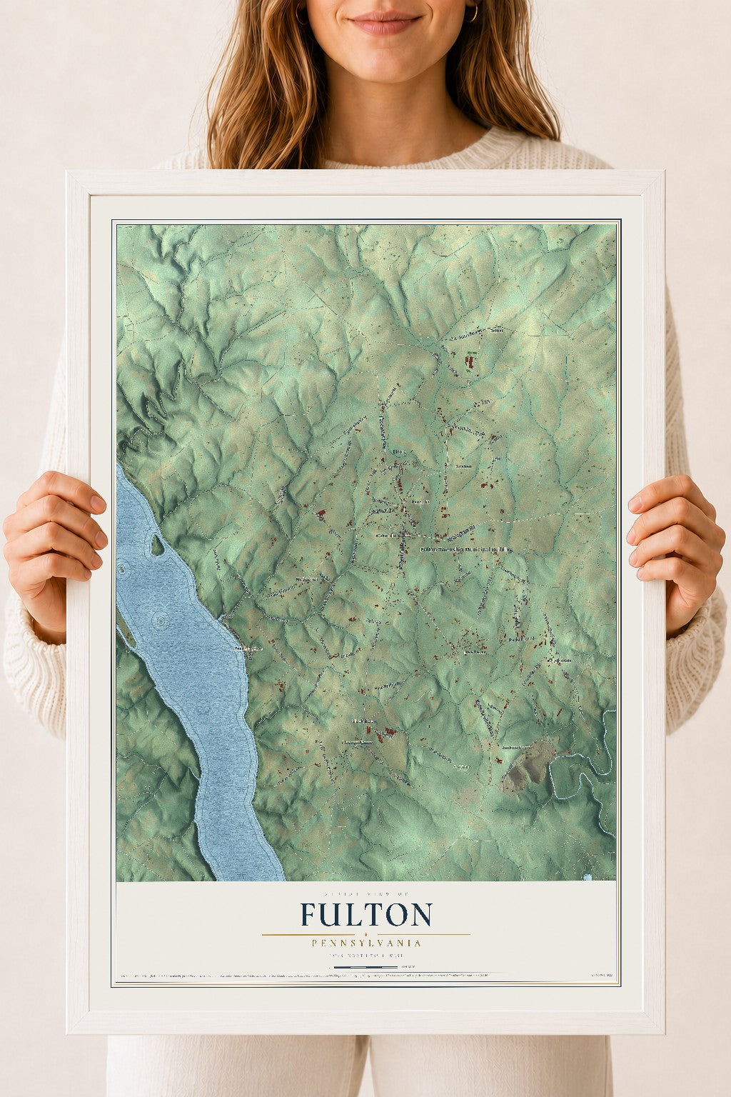 Map of Fulton, Pennsylvania, 18 x 24 inch print in a white wood frame