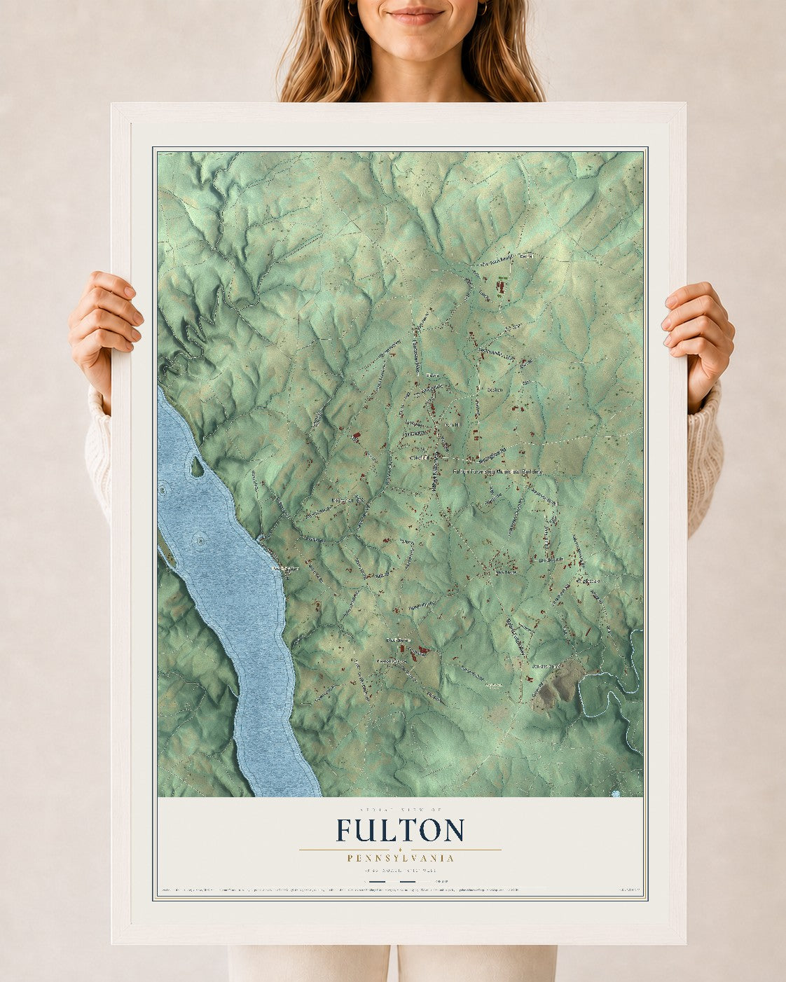 Map of Fulton, Pennsylvania, 24 x 36 inch print in a white wood frame