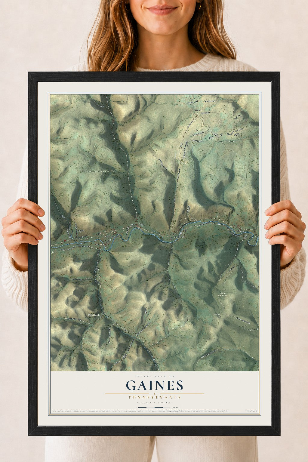 Map of Gaines, Pennsylvania, 18 x 24 inch print in a black wood frame
