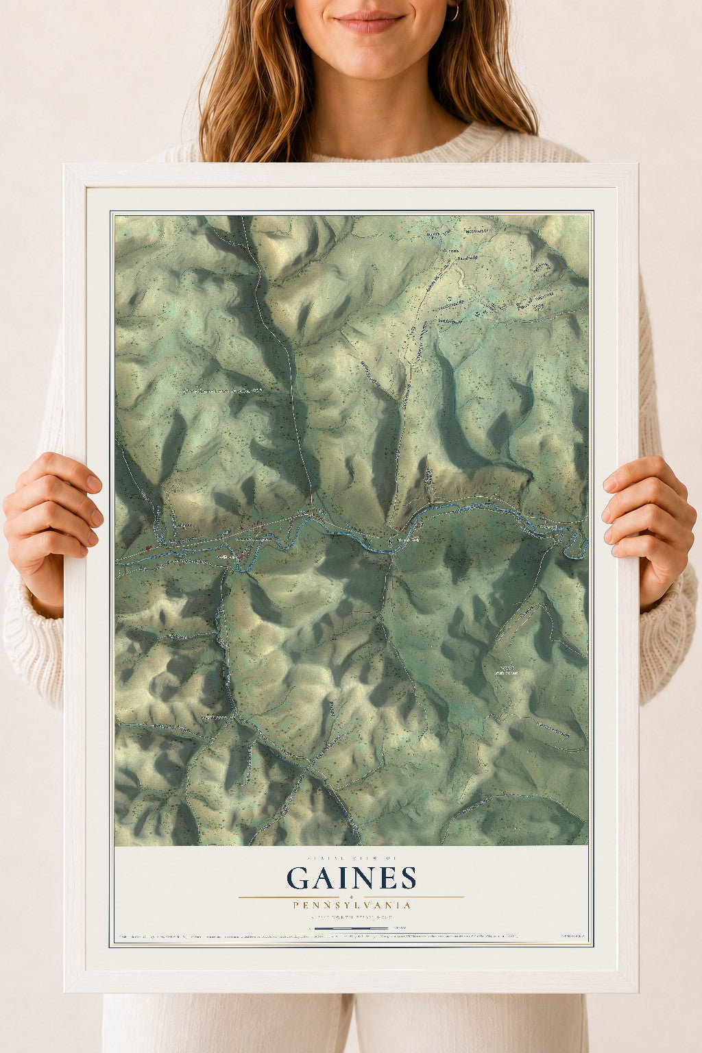 Map of Gaines, Pennsylvania, 18 x 24 inch print in a white wood frame