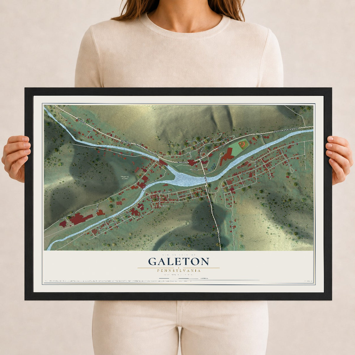 Map of Galeton, Pennsylvania, 12 x 18 inch print in a black wood frame