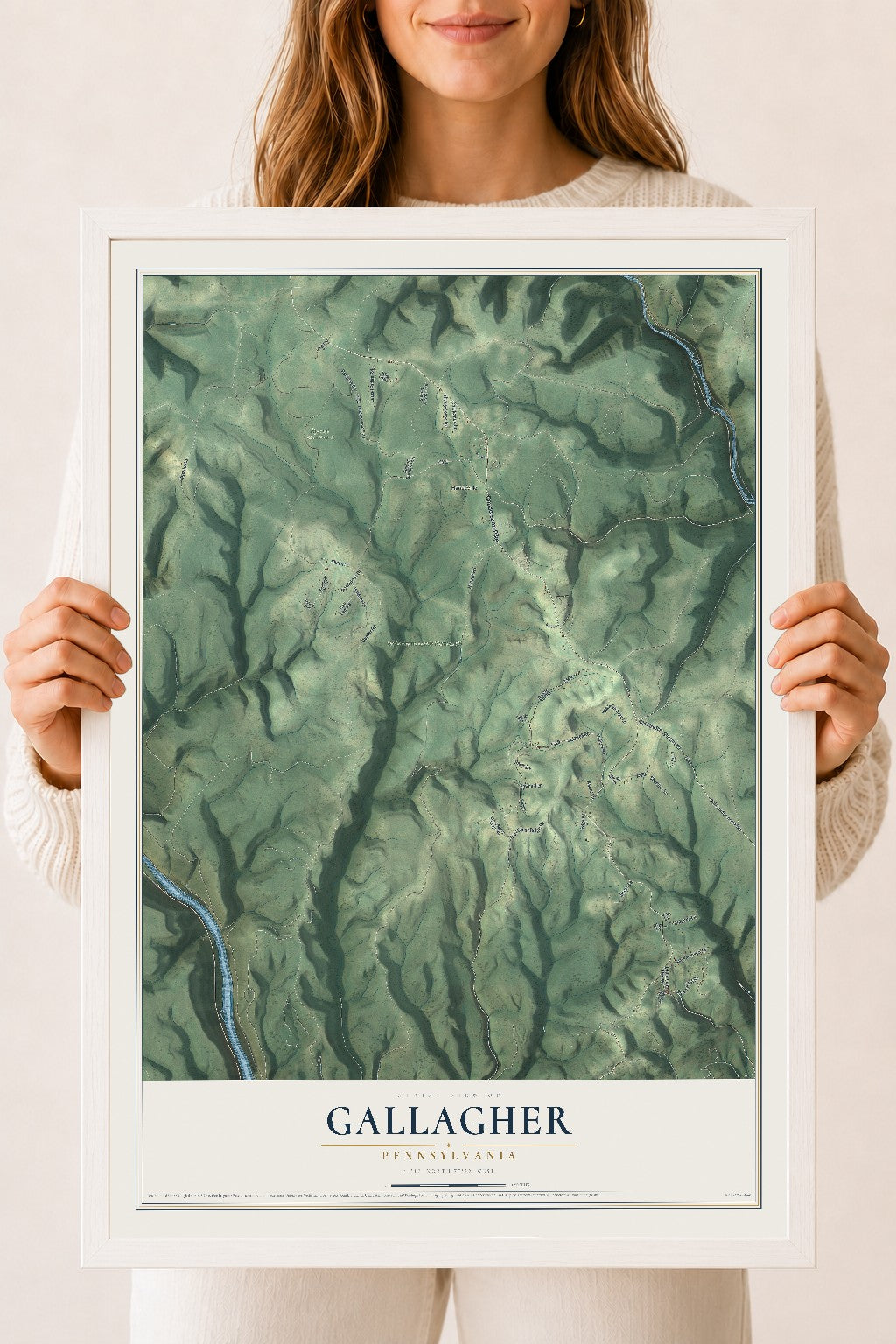 Map of Gallagher, Pennsylvania, 18 x 24 inch print in a white wood frame