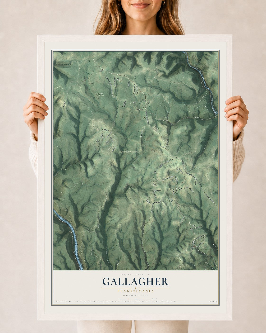 Map of Gallagher, Pennsylvania, 24 x 36 inch print in a white wood frame