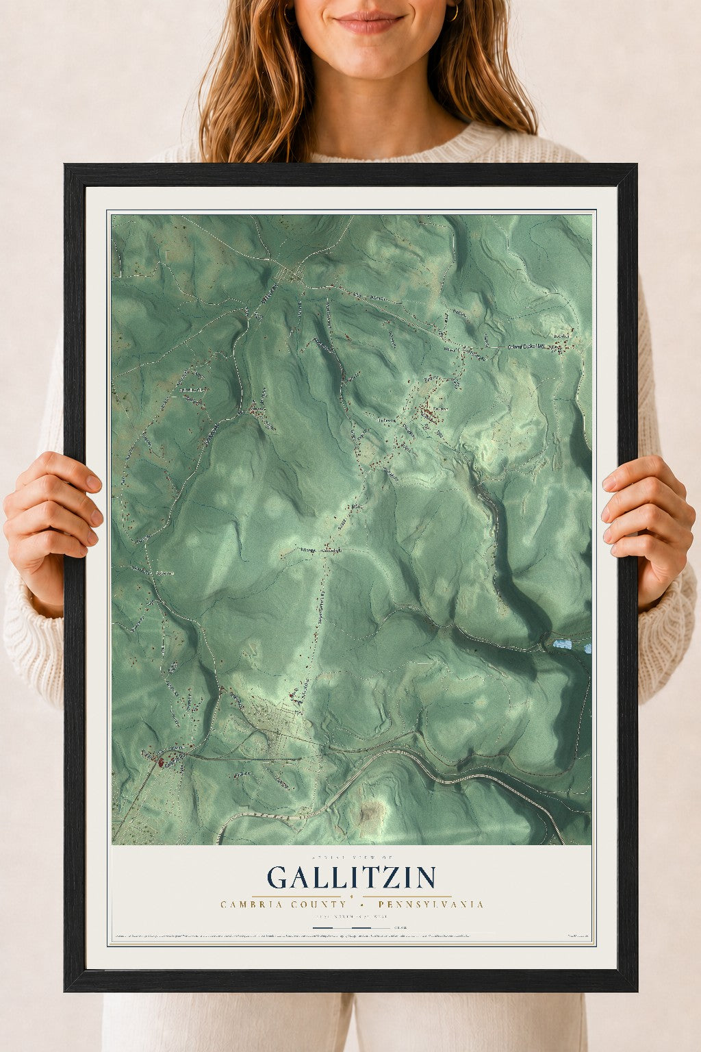 Map of Gallitzin, Cambria County, Pennsylvania, 18 x 24 inch print in a black wood frame