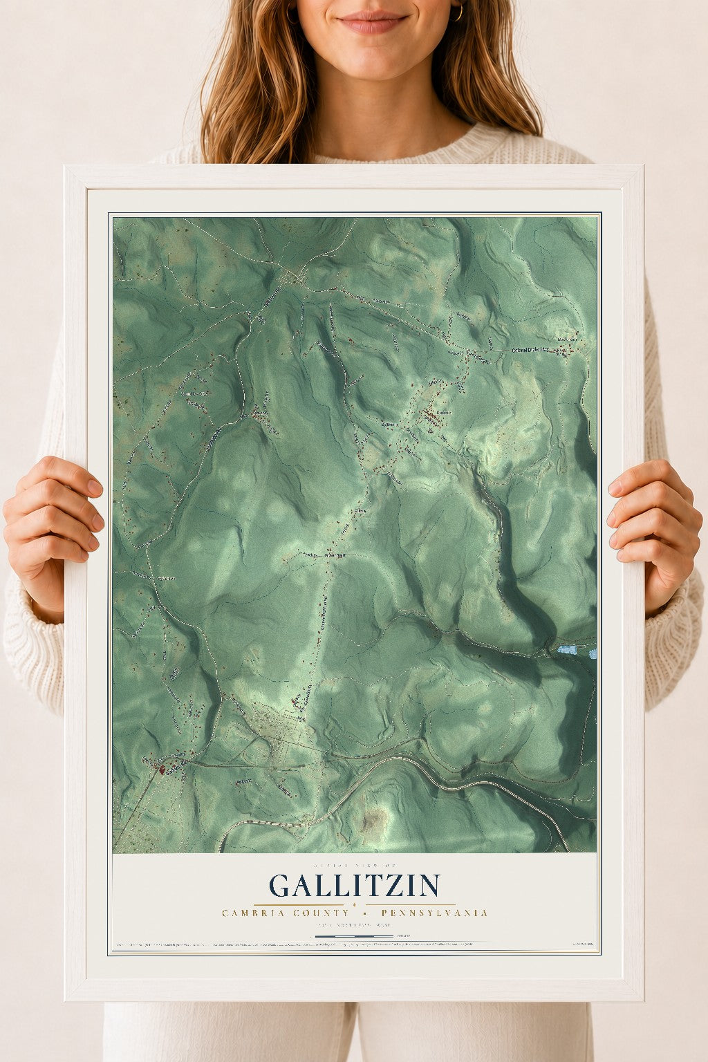 Map of Gallitzin, Cambria County, Pennsylvania, 18 x 24 inch print in a white wood frame