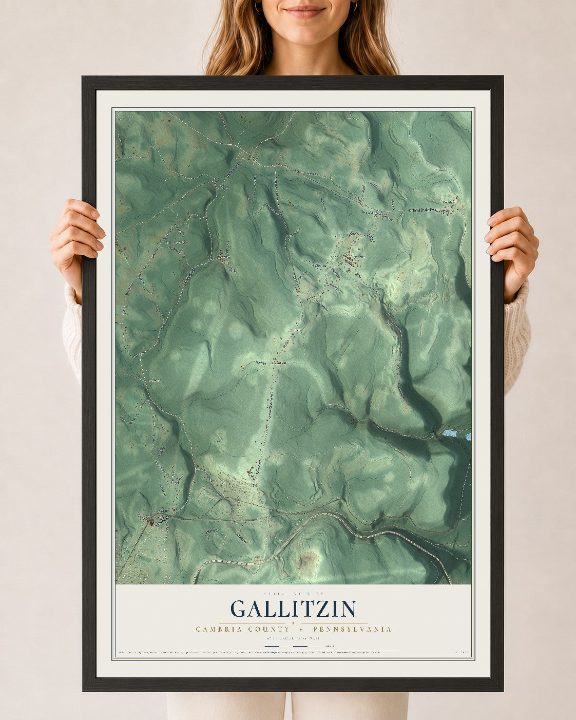 Map of Gallitzin, Cambria County, Pennsylvania, 24 x 36 inch print in a black wood frame