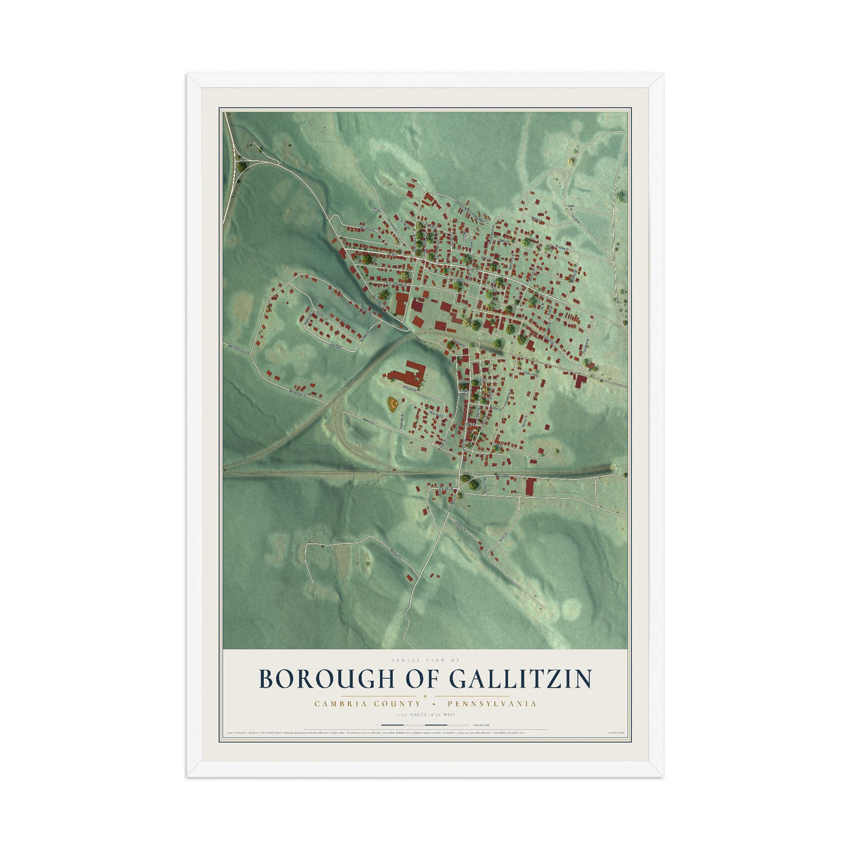 Map of the Borough of Gallitzin, Cambria County, Pennsylvania, 12 x 18 inch print in a white wood frame