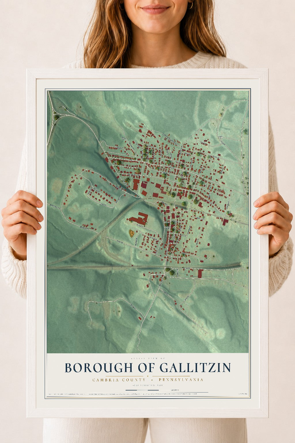 Map of the Borough of Gallitzin, Cambria County, Pennsylvania, 18 x 24 inch print in a white wood frame