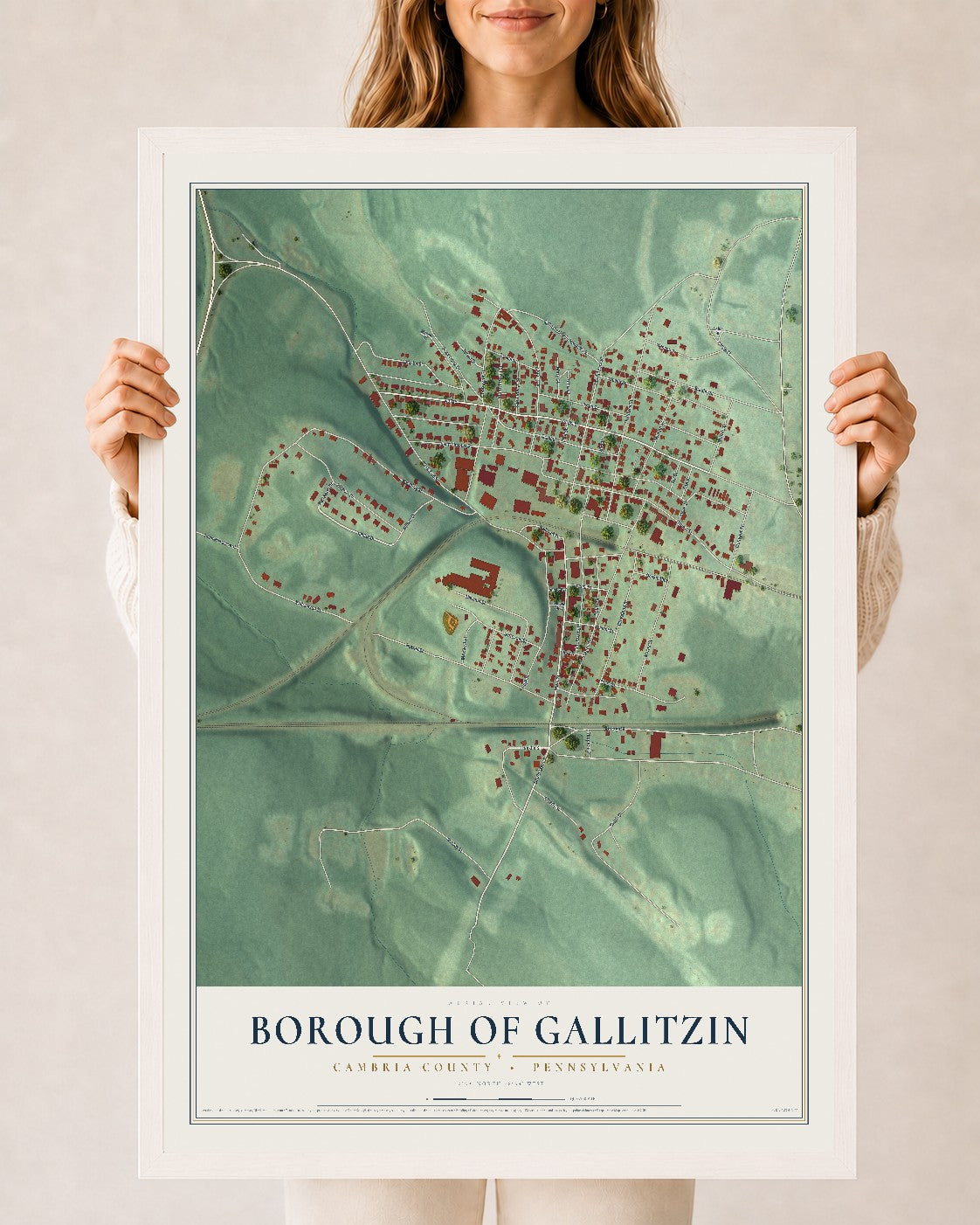 Map of the Borough of Gallitzin, Cambria County, Pennsylvania, 24 x 36 inch print in a white wood frame