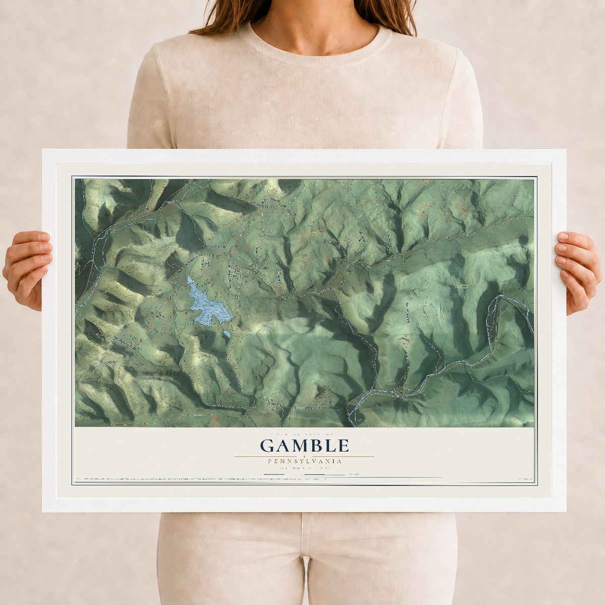 Map of Gamble, Pennsylvania, 12 x 18 inch print in a white wood frame