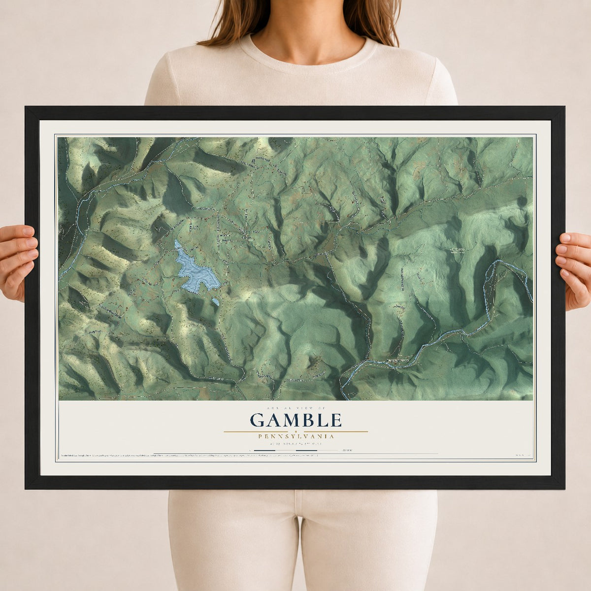 Map of Gamble, Pennsylvania, 18 x 24 inch print in a black wood frame
