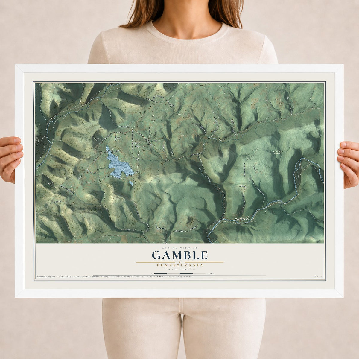 Map of Gamble, Pennsylvania, 18 x 24 inch print in a white wood frame