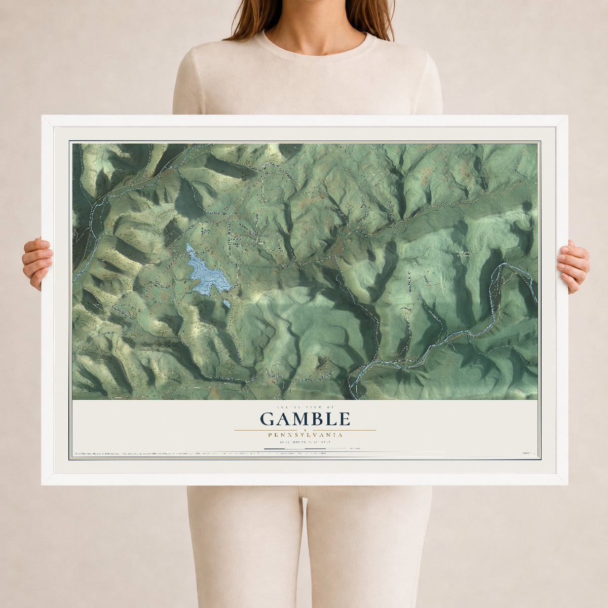 Map of Gamble, Pennsylvania, 24 x 36 inch print in a white wood frame