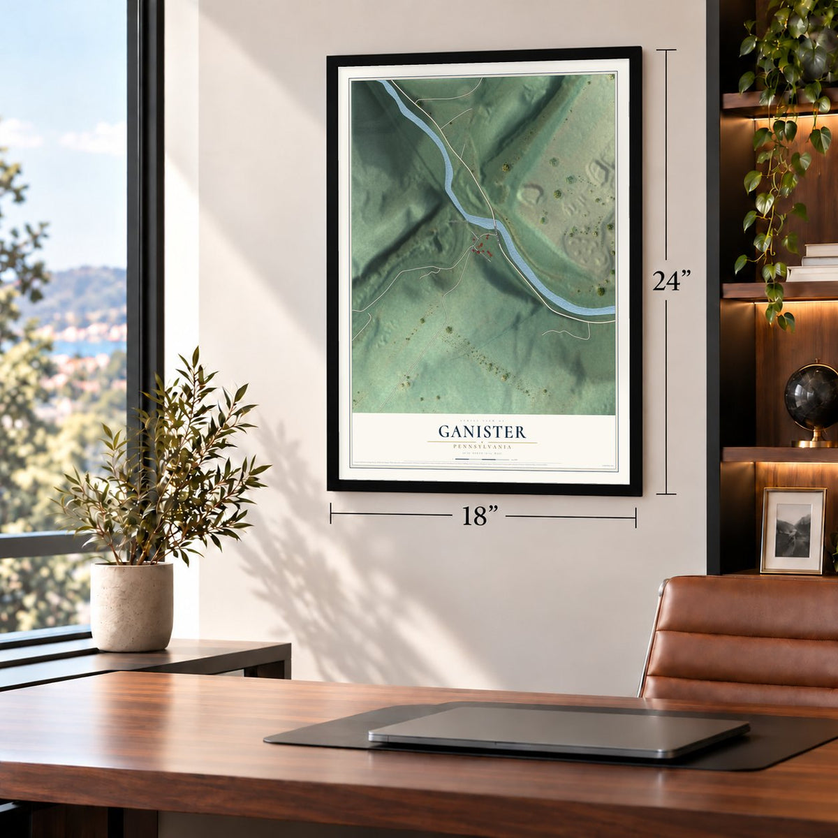 Ganister, Pennsylvania map, 18 x 24 inch print in a black frame in a home office