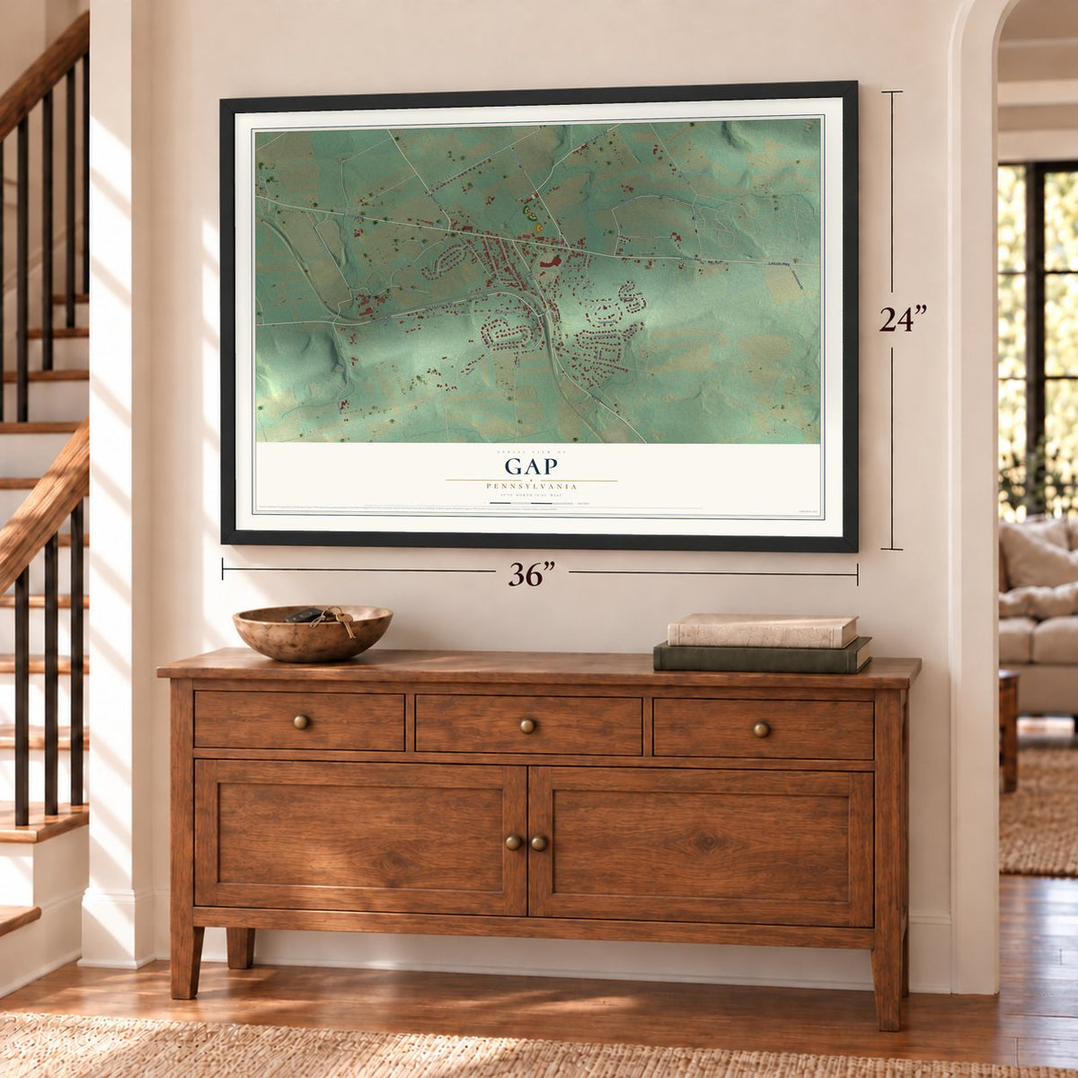 Gap, Pennsylvania map, 24 x 36 inch print in a black frame above a dresser by a staircase