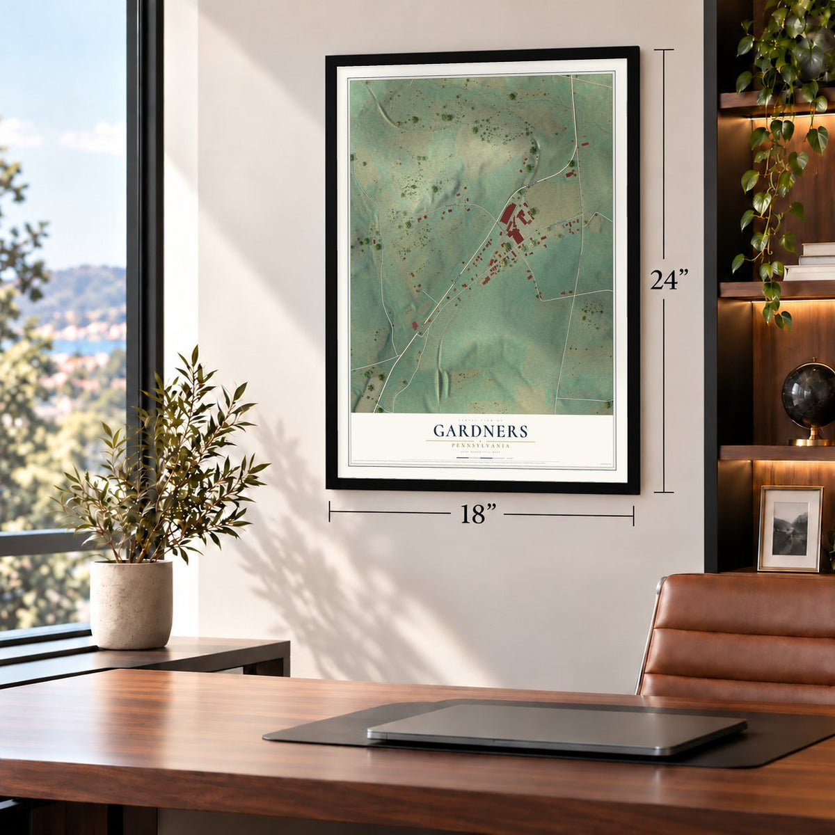 Gardners, Pennsylvania map, 18 x 24 inch print in a black frame in a home office