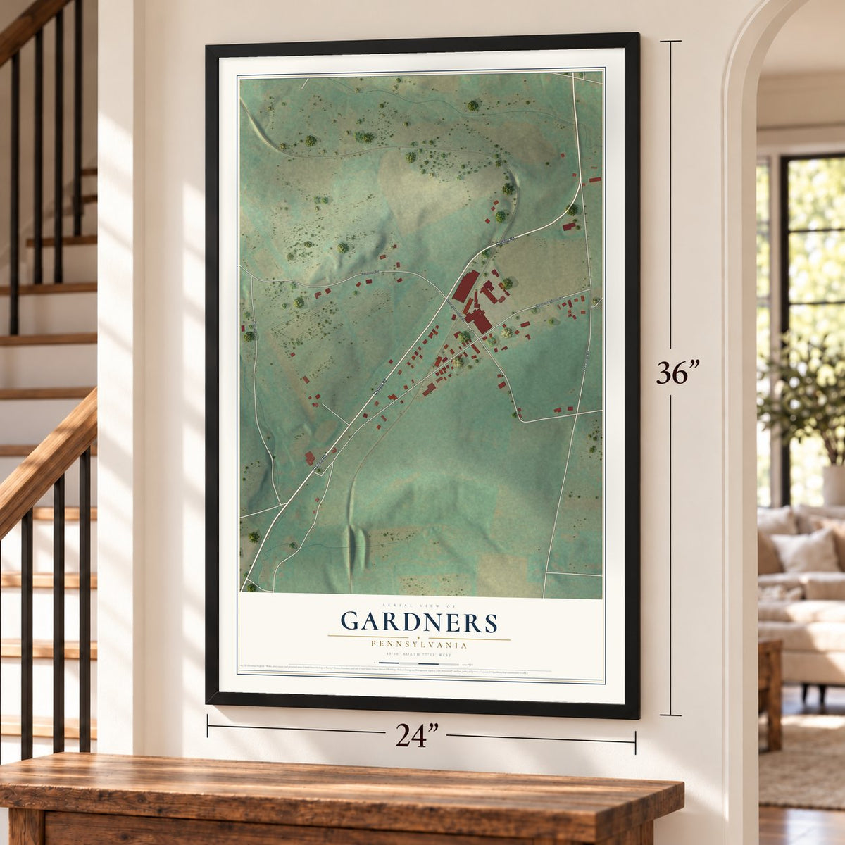 Gardners, Pennsylvania map, 24 x 36 inch print in a black frame by a staircase