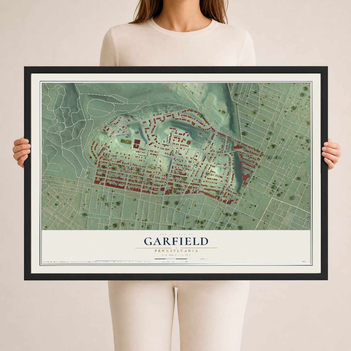 Map of Garfield, Pennsylvania, 24 x 36 inch print in a black wood frame
