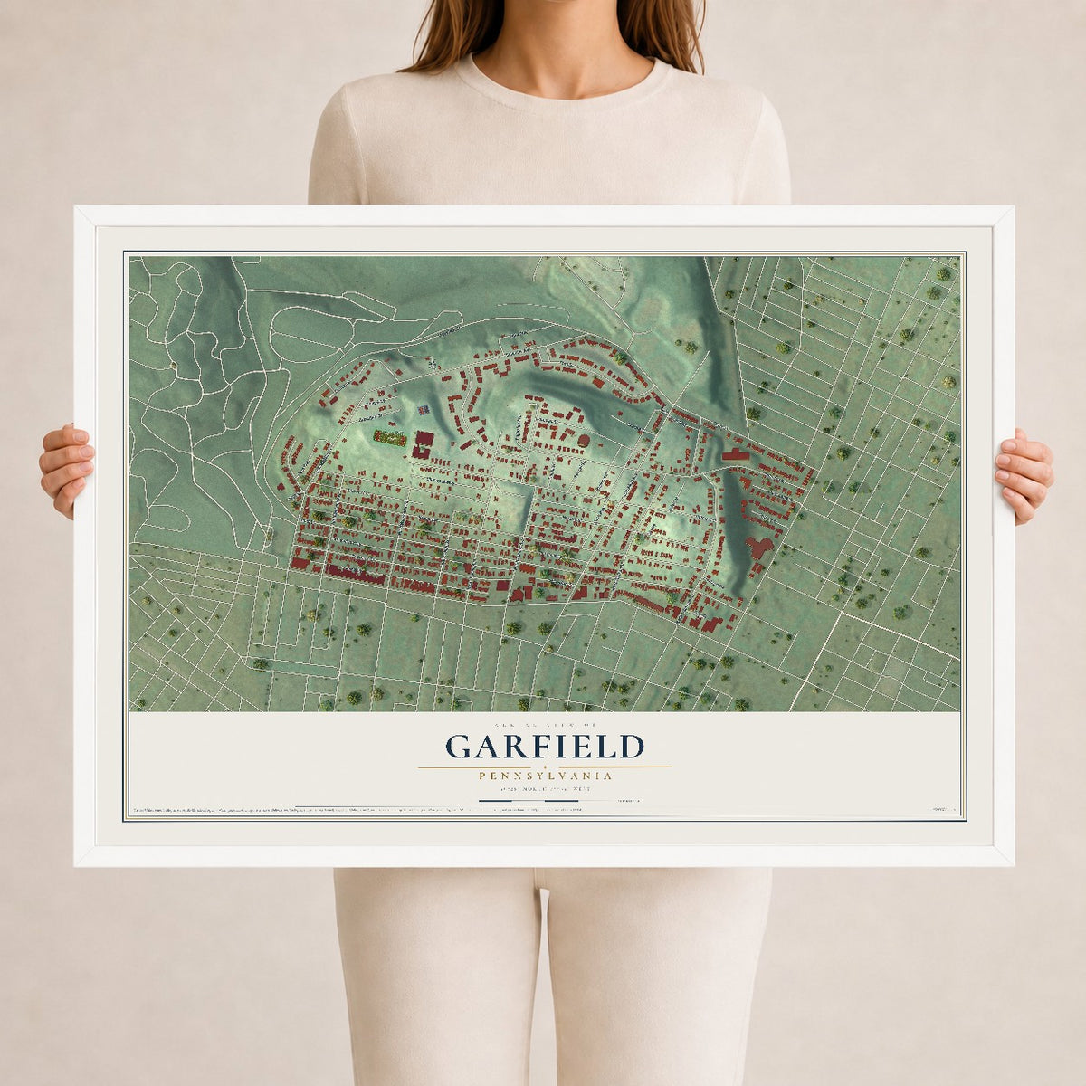 Map of Garfield, Pennsylvania, 24 x 36 inch print in a white wood frame