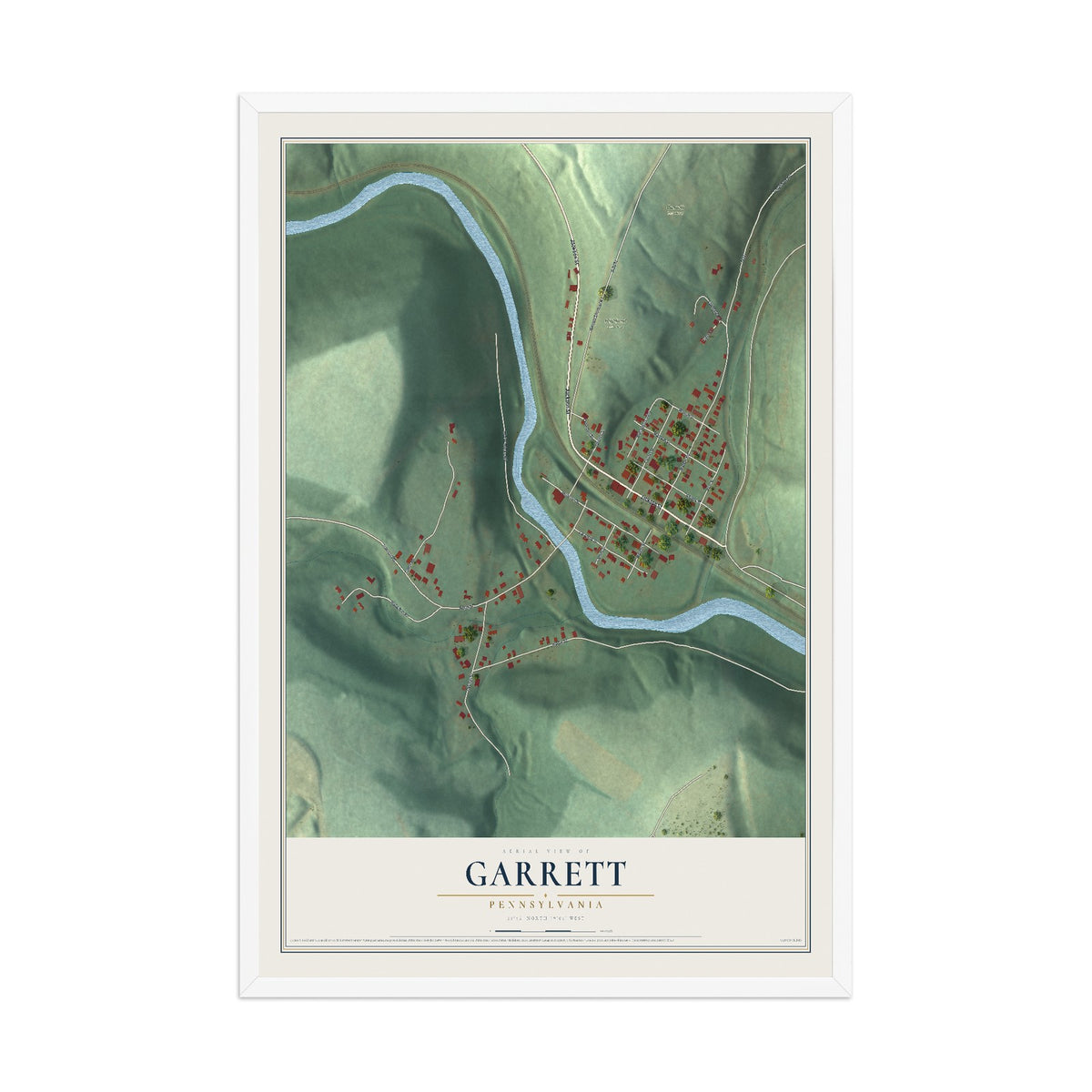 Map of Garrett, Pennsylvania, 12 x 18 inch print in a white wood frame