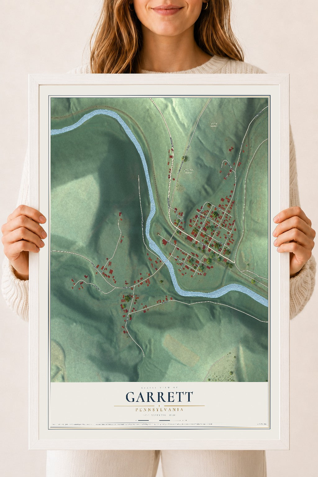 Map of Garrett, Pennsylvania, 18 x 24 inch print in a white wood frame