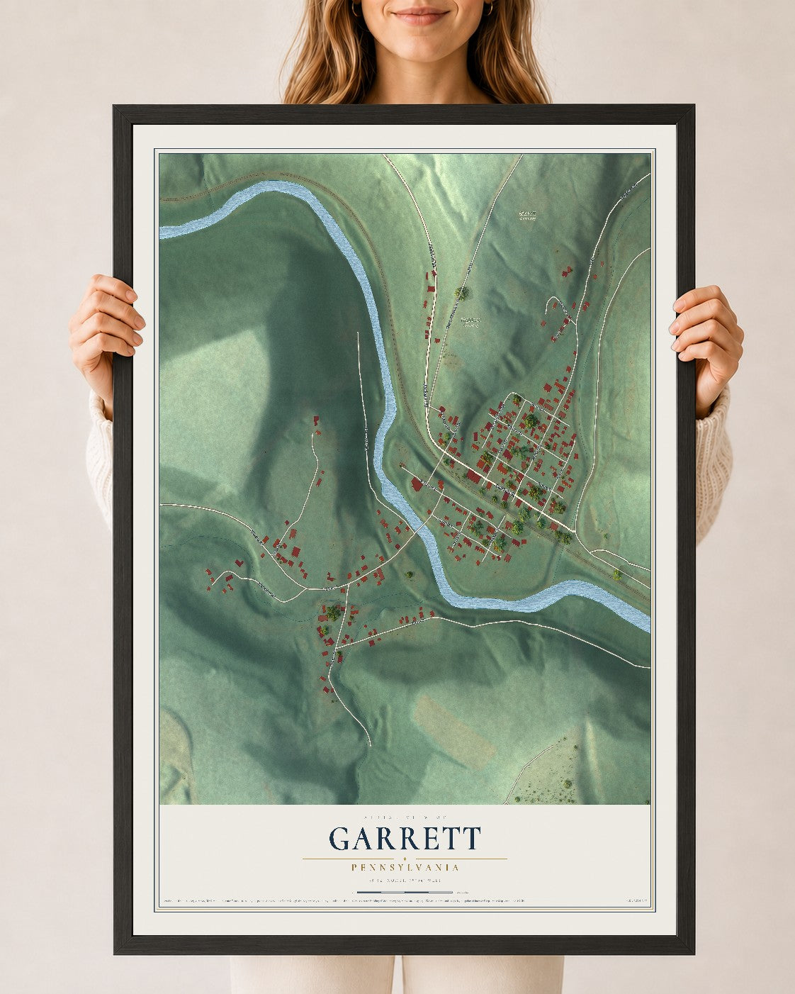 Map of Garrett, Pennsylvania, 24 x 36 inch print in a black wood frame