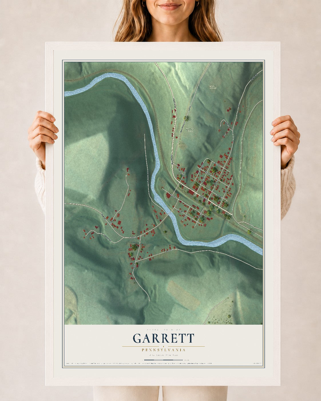 Map of Garrett, Pennsylvania, 24 x 36 inch print in a white wood frame
