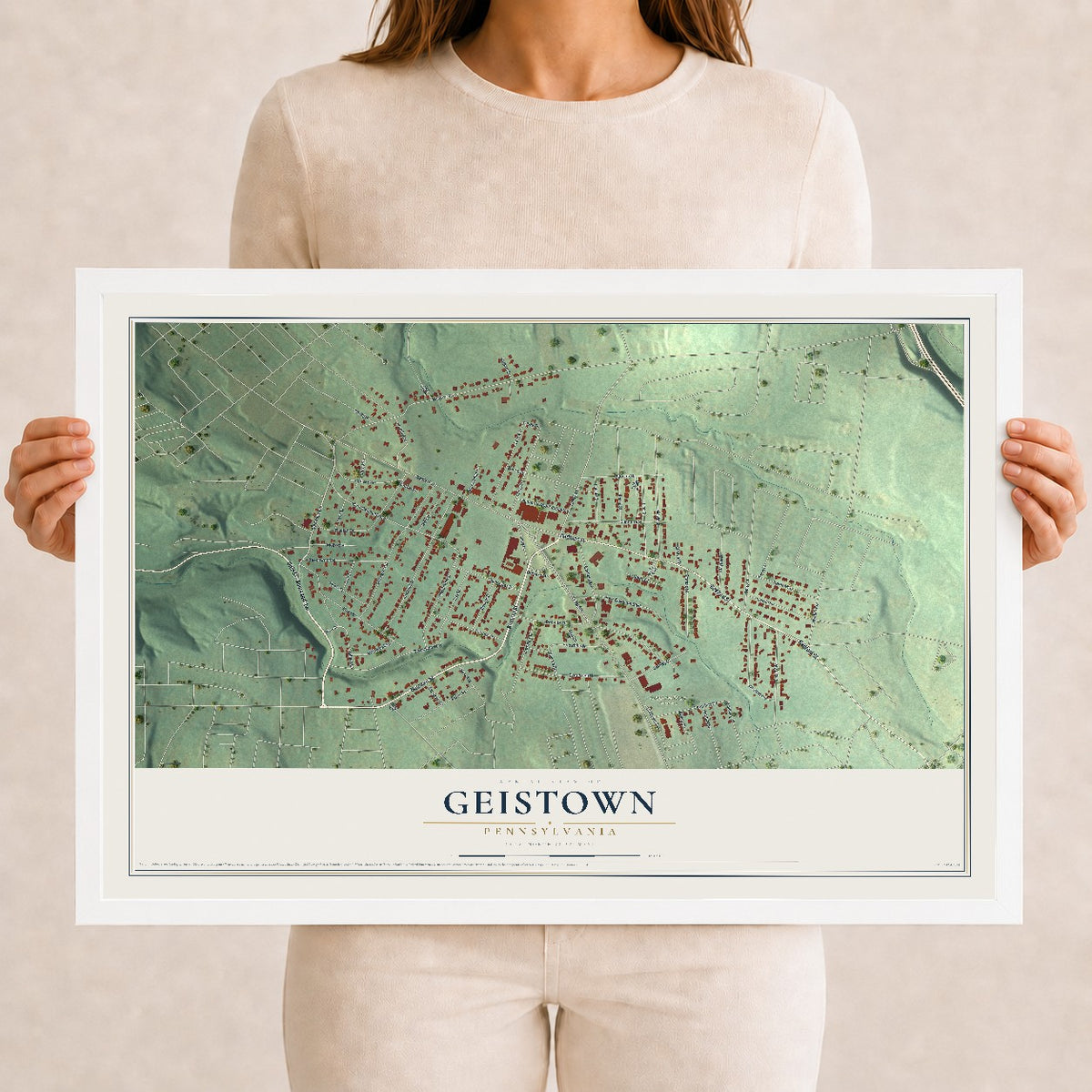 Map of Geistown, Pennsylvania, 12 x 18 inch print in a white wood frame