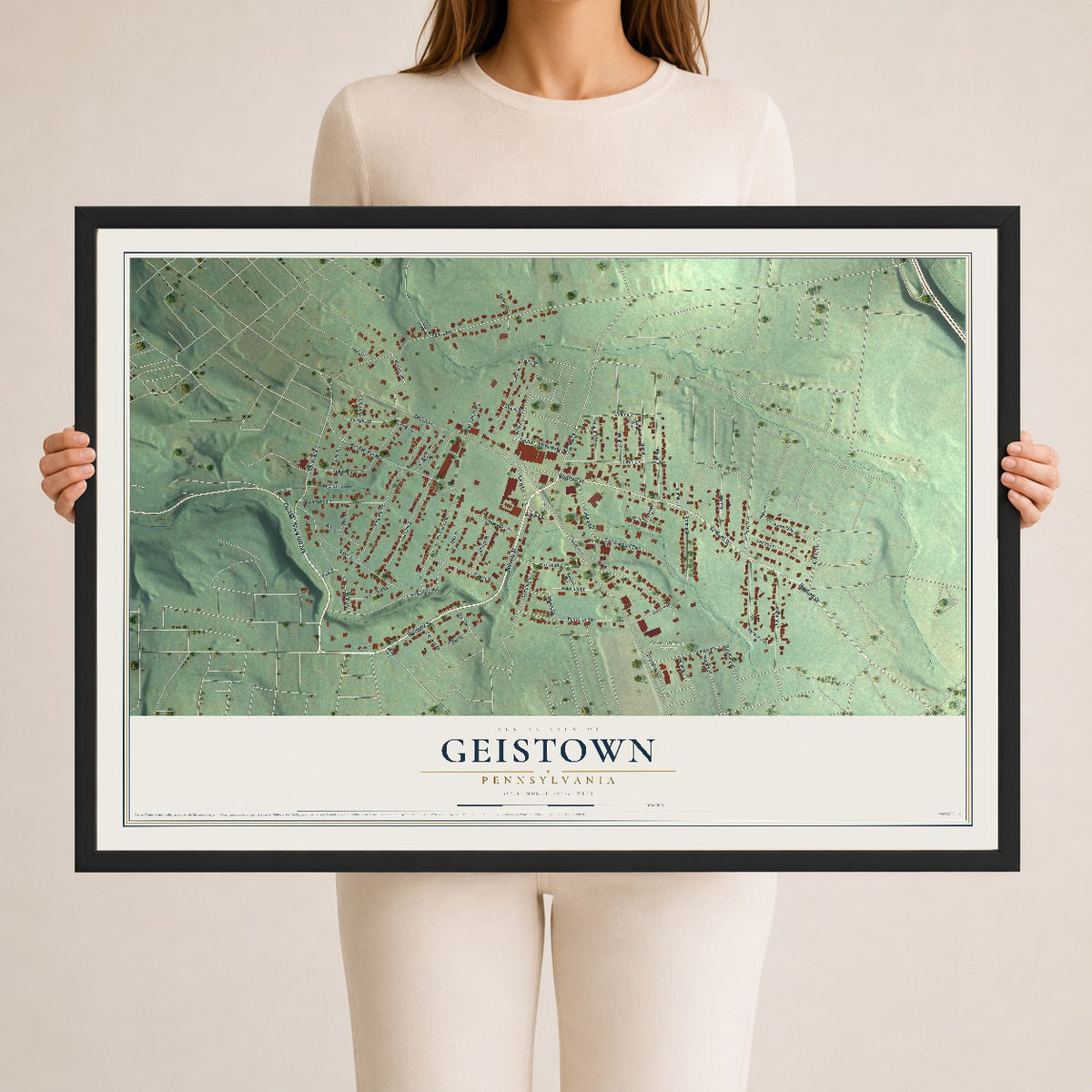 Map of Geistown, Pennsylvania, 24 x 36 inch print in a black wood frame