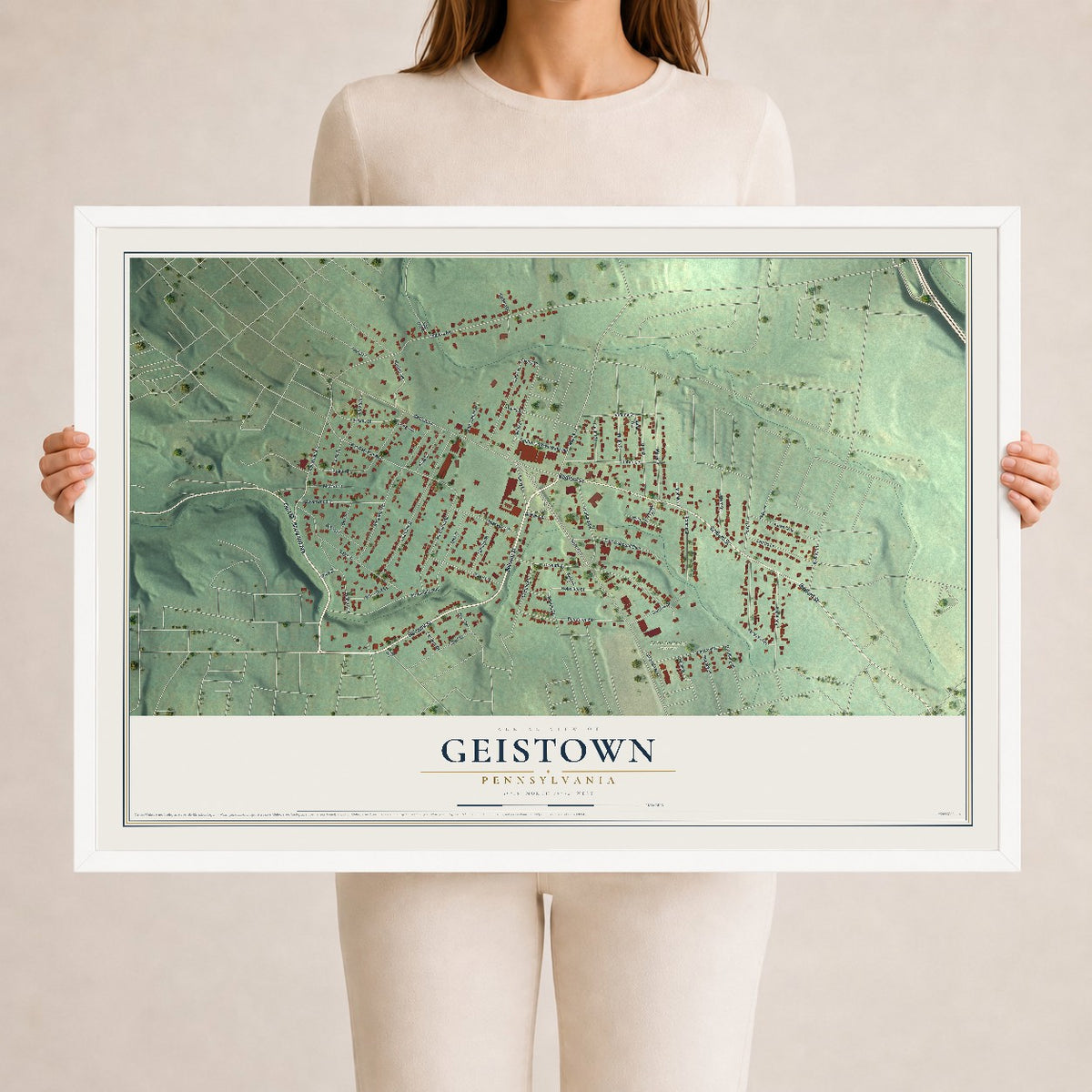Map of Geistown, Pennsylvania, 24 x 36 inch print in a white wood frame