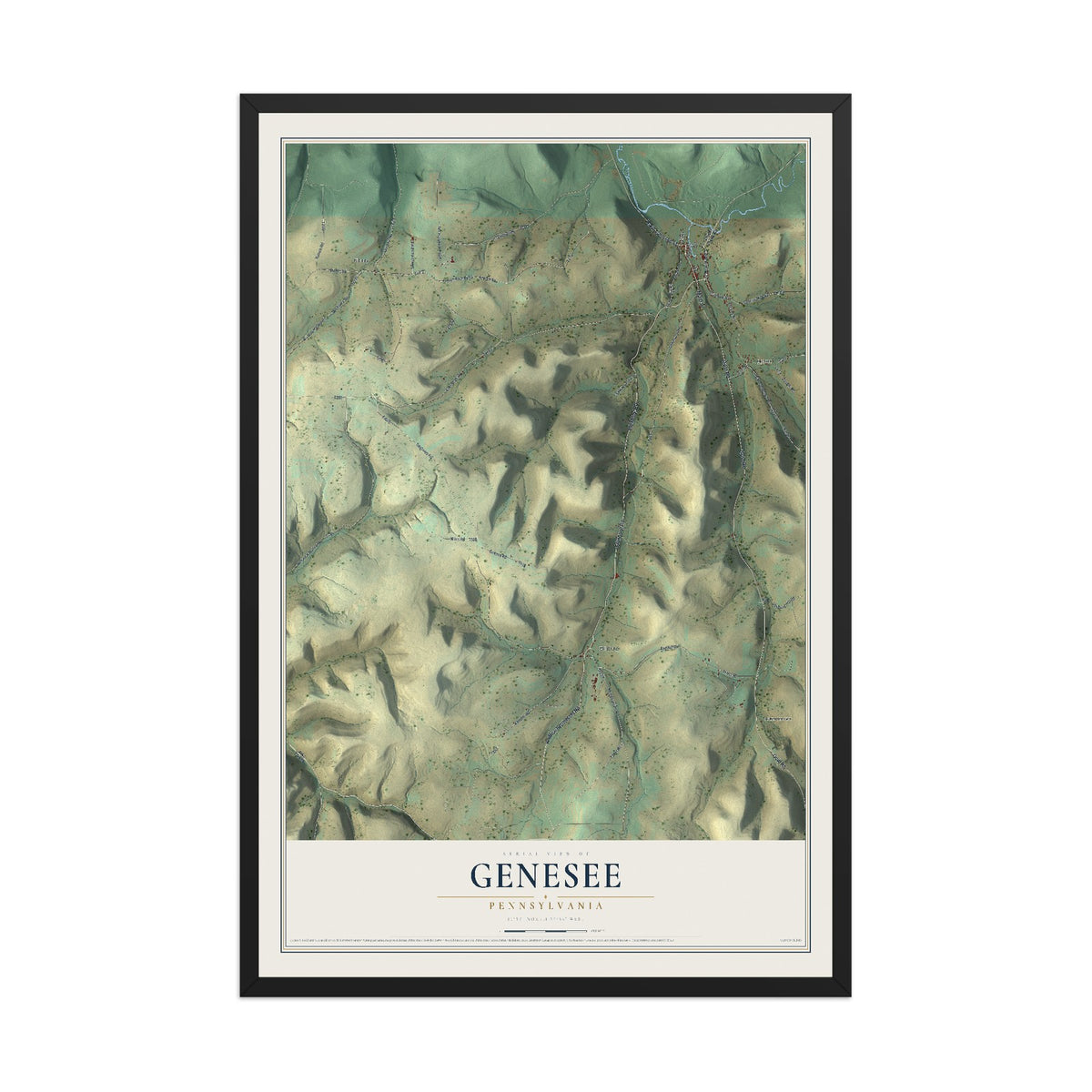 Map of Genesee, Pennsylvania, 12 x 18 inch print in a black wood frame