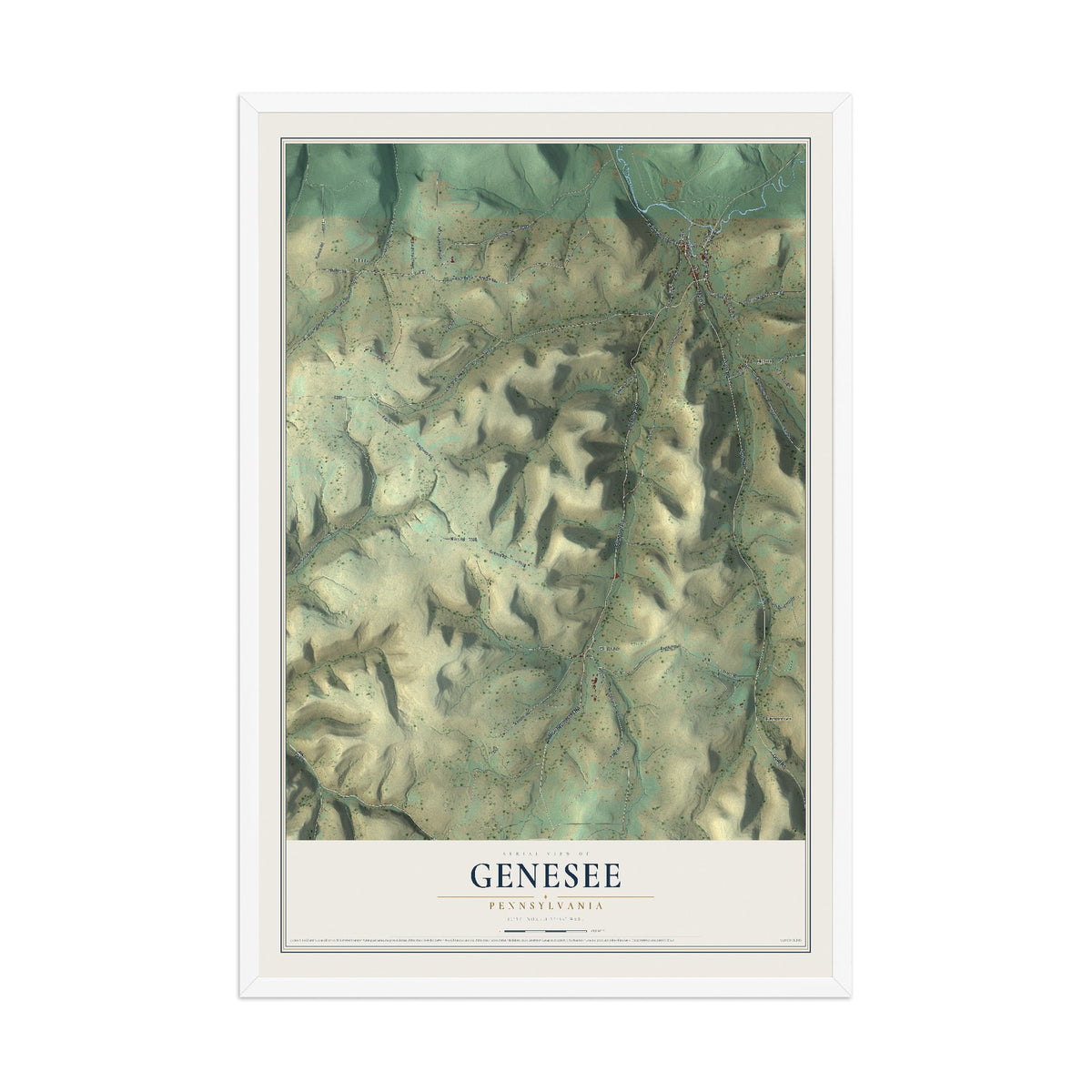Map of Genesee, Pennsylvania, 12 x 18 inch print in a white wood frame