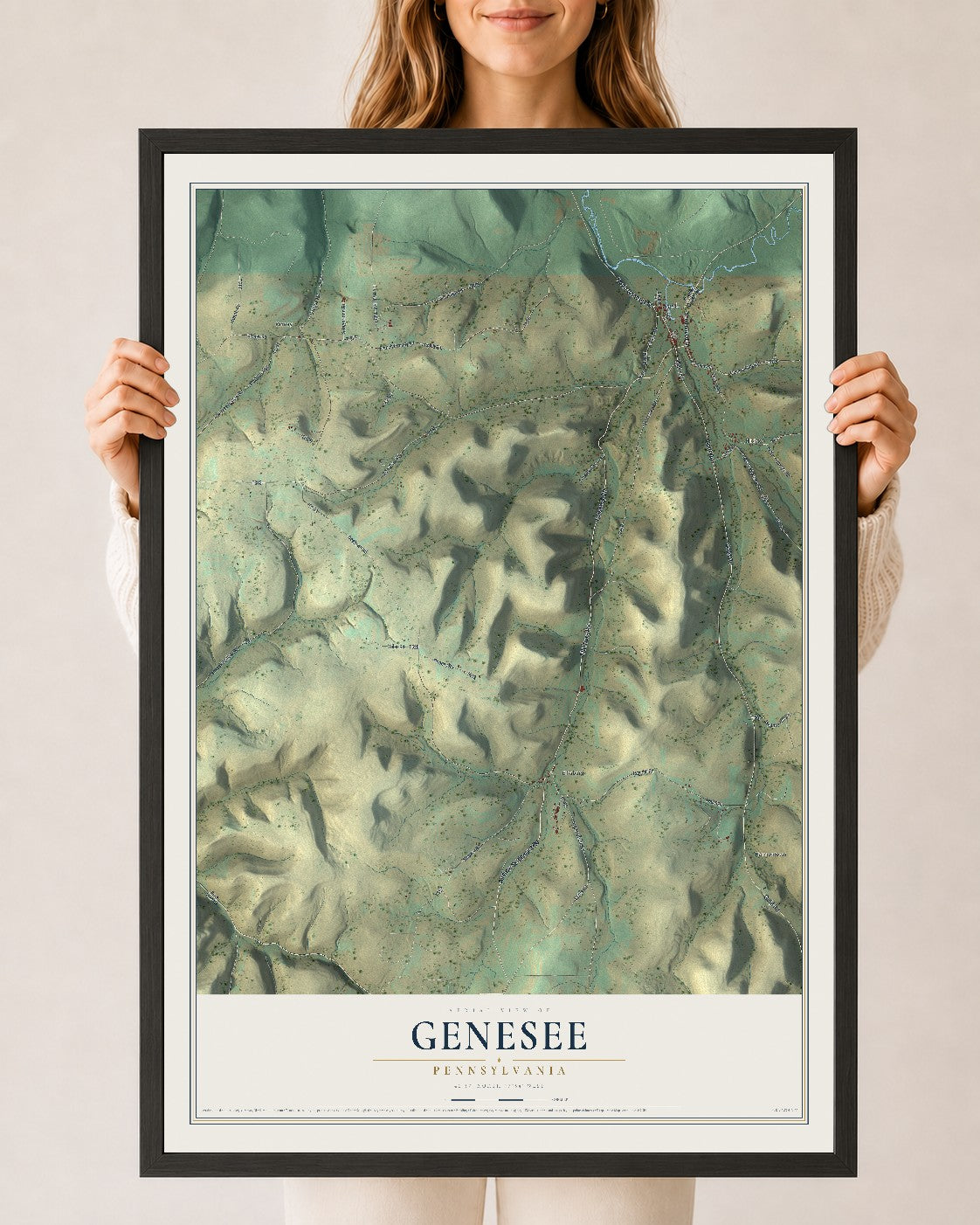 Map of Genesee, Pennsylvania, 24 x 36 inch print in a black wood frame
