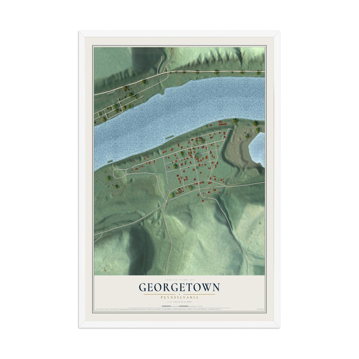 Map of Georgetown, Pennsylvania, 12 x 18 inch print in a white wood frame