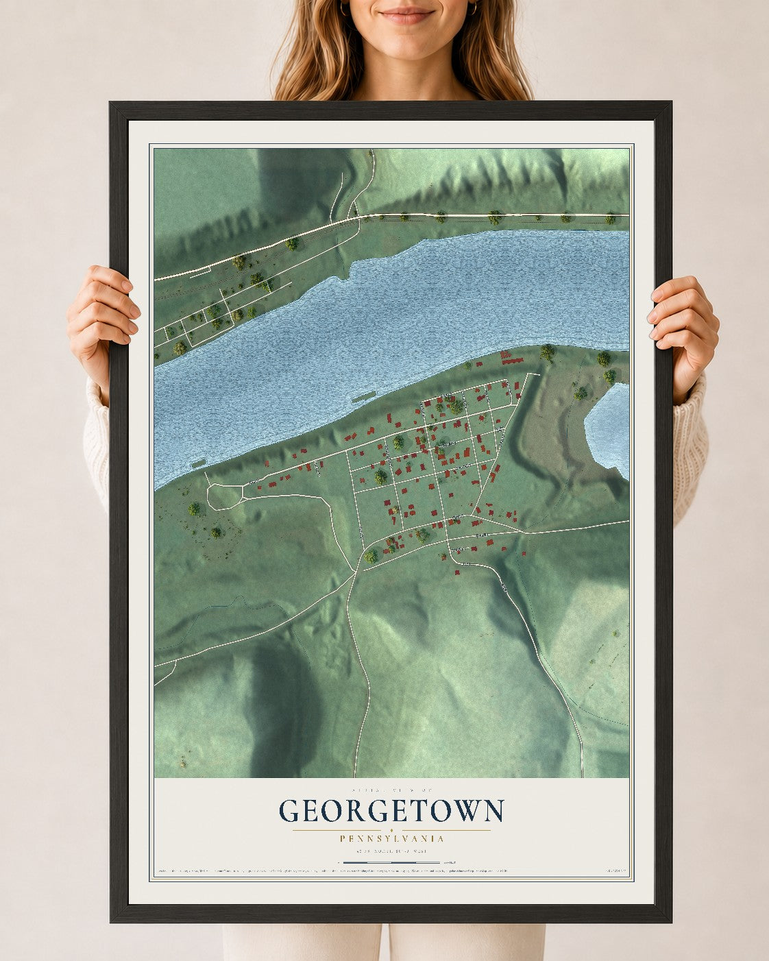 Map of Georgetown, Pennsylvania, 24 x 36 inch print in a black wood frame