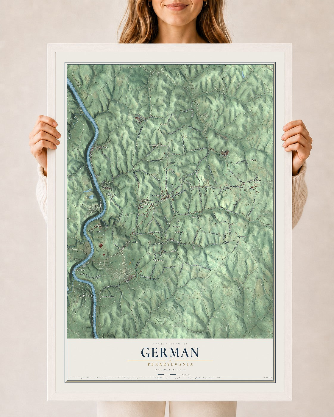 Map of German, Pennsylvania, 24 x 36 inch print in a white wood frame