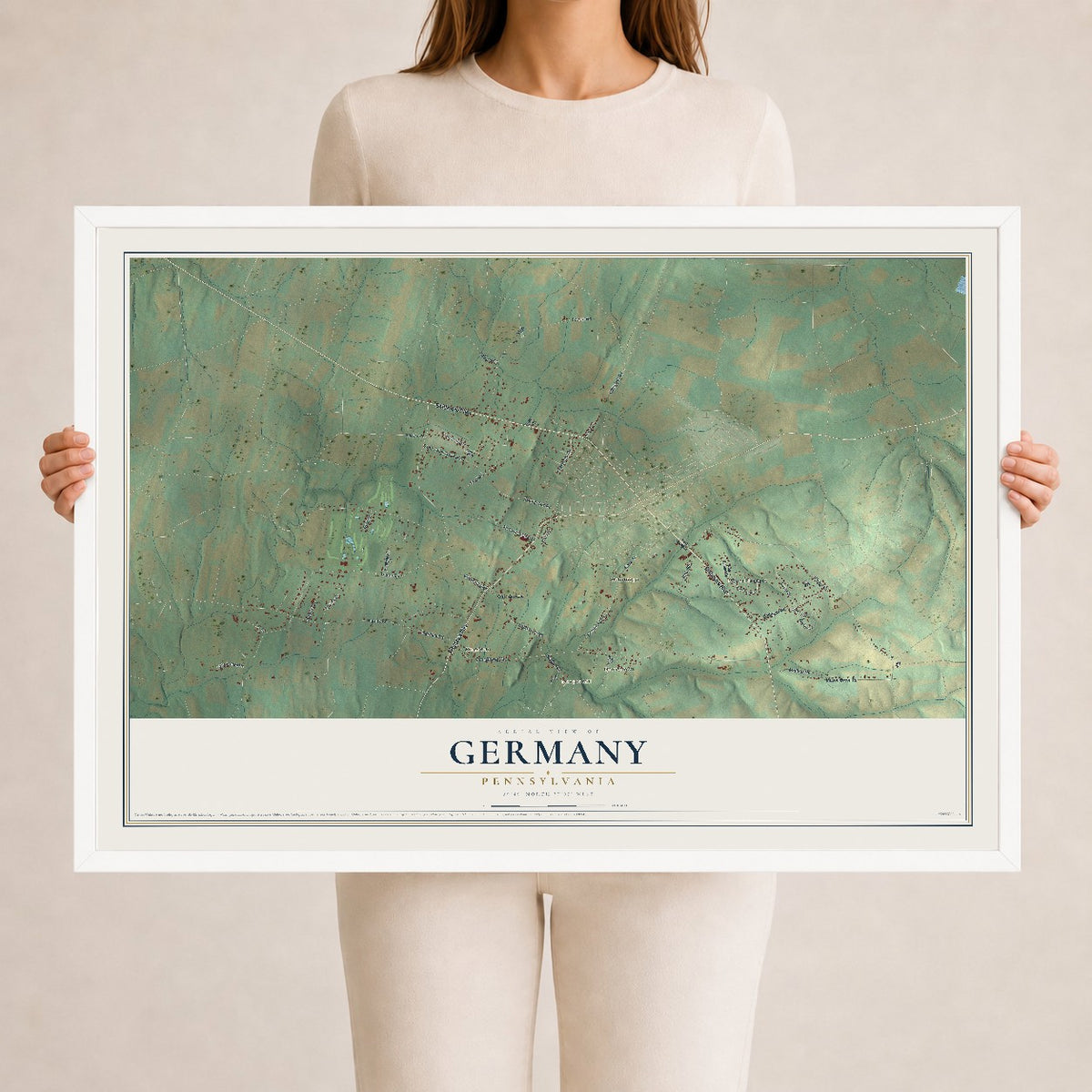 Map of Germany, Pennsylvania, 24 x 36 inch print in a white wood frame