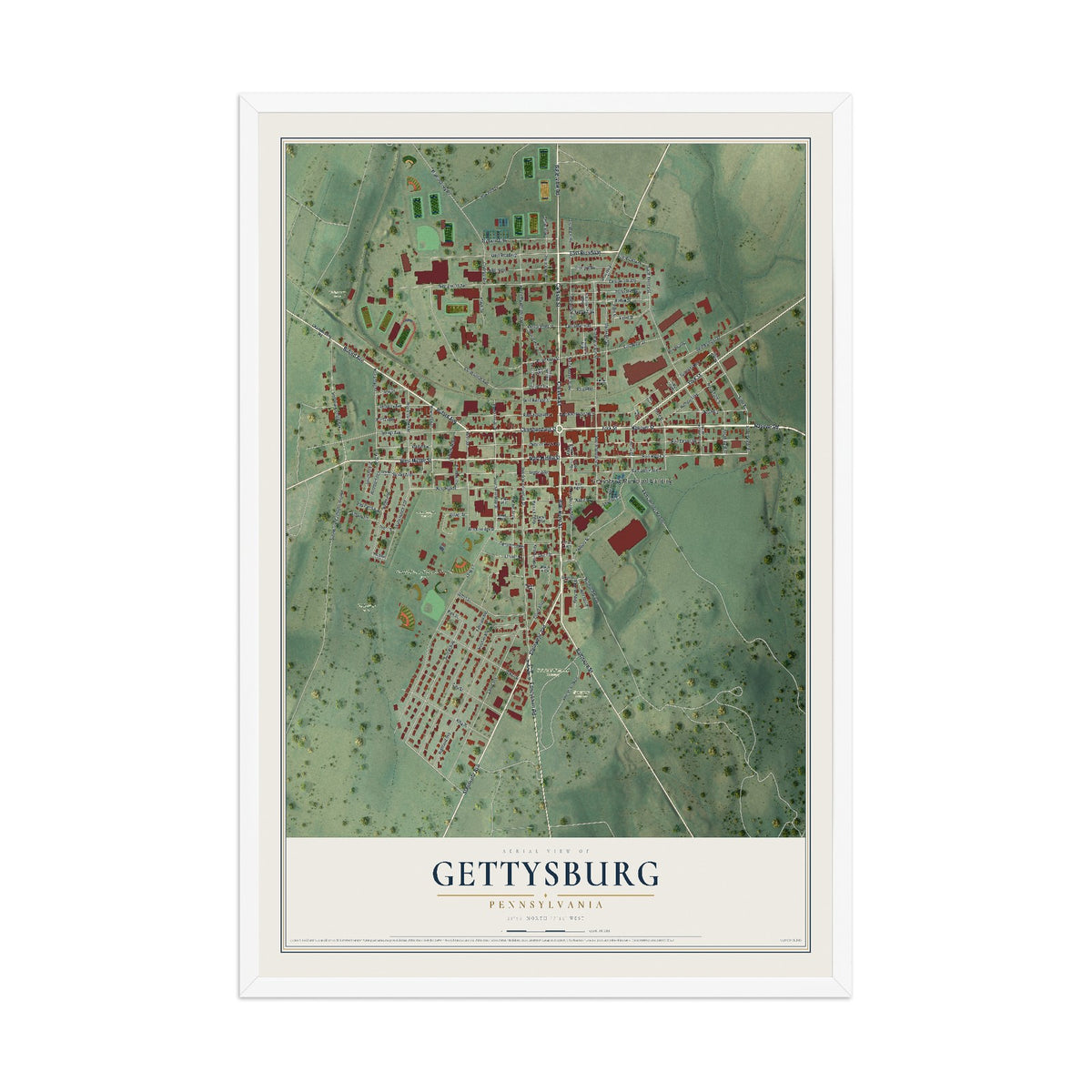 Map of Gettysburg, Pennsylvania, 12 x 18 inch print in a white wood frame