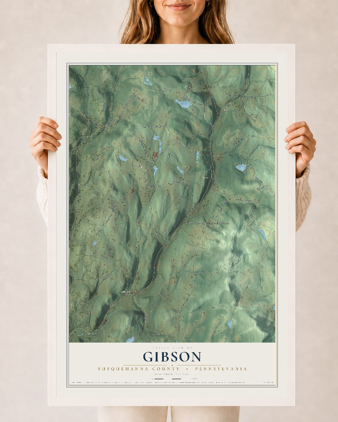 Map of Gibson, Susquehanna County, Pennsylvania, 24 x 36 inch print in a white wood frame