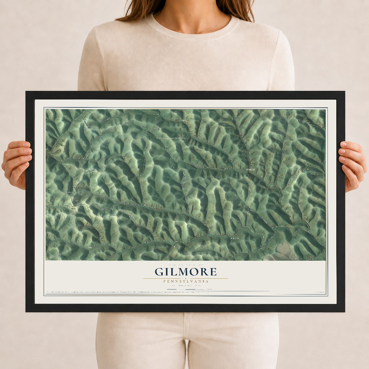 Map of Gilmore, Pennsylvania, 12 x 18 inch print in a black wood frame