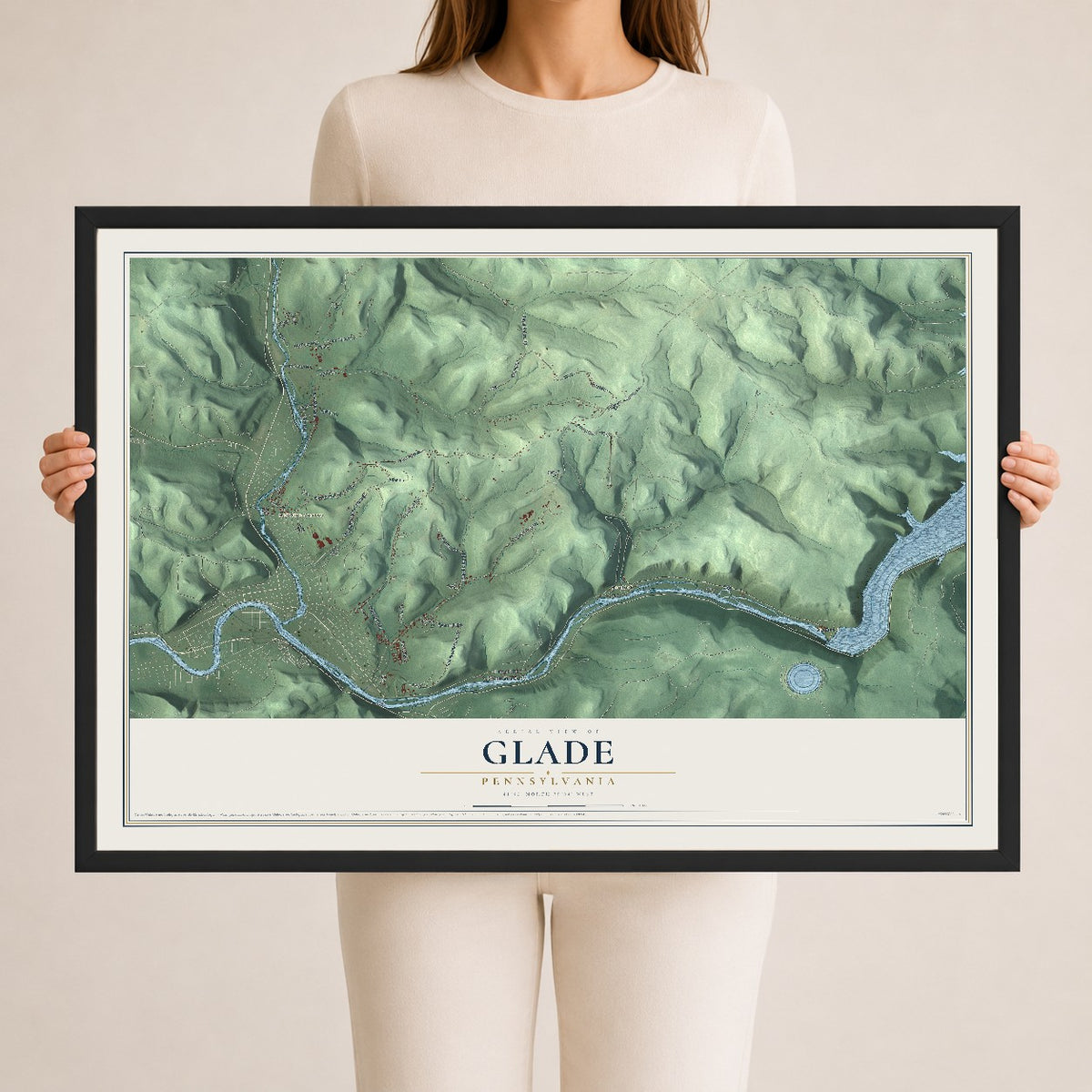Map of Glade, Pennsylvania, 24 x 36 inch print in a black wood frame