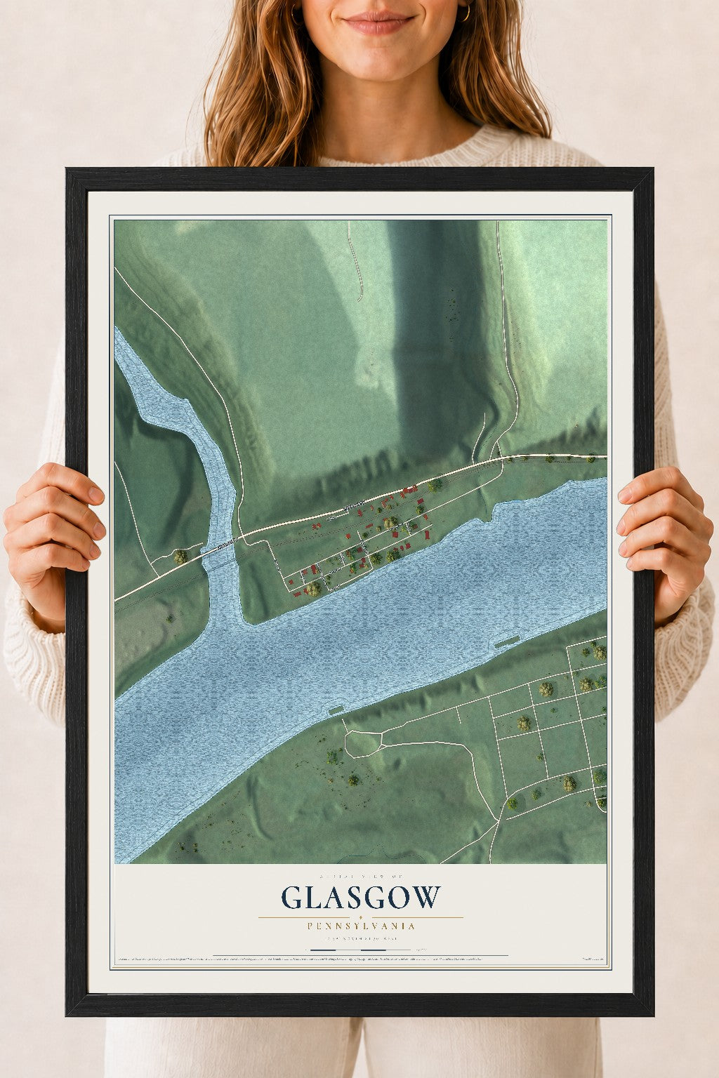 Map of Glasgow, Pennsylvania, 18 x 24 inch print in a black wood frame