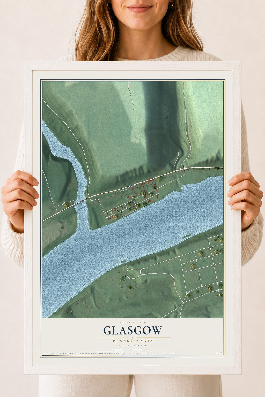 Map of Glasgow, Pennsylvania, 18 x 24 inch print in a white wood frame