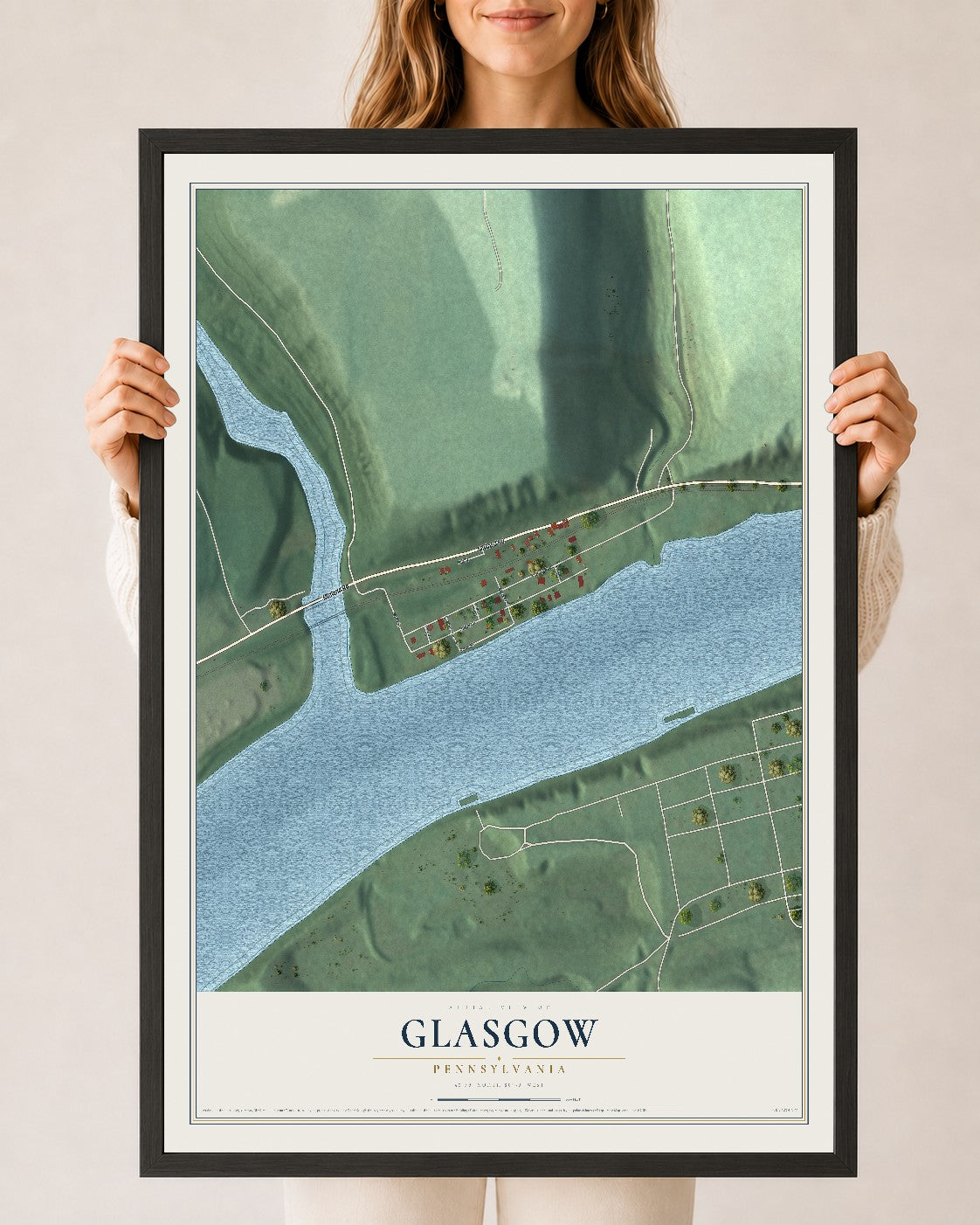 Map of Glasgow, Pennsylvania, 24 x 36 inch print in a black wood frame