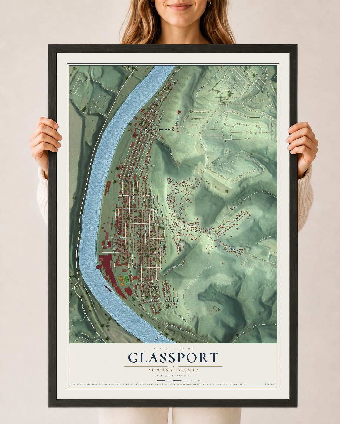 Map of Glassport, Pennsylvania, 24 x 36 inch print in a black wood frame