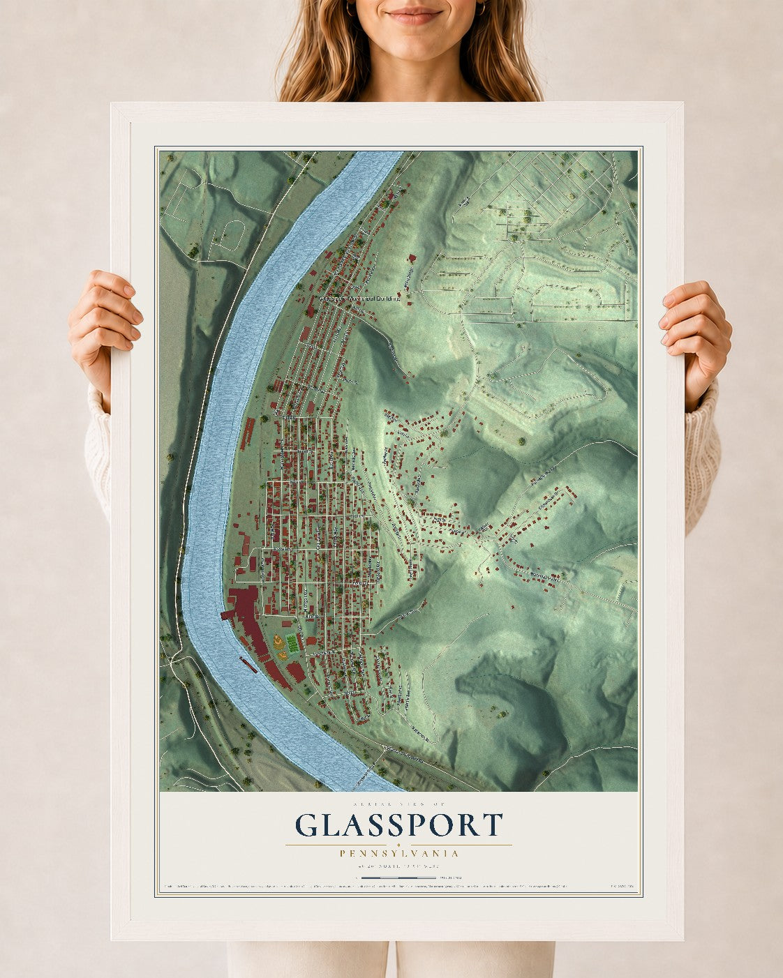 Map of Glassport, Pennsylvania, 24 x 36 inch print in a white wood frame
